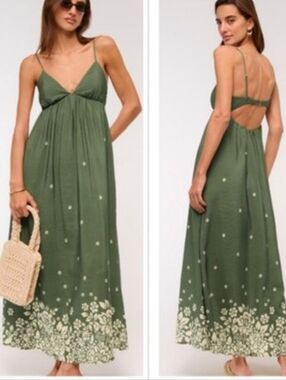 Abercrombie & Fitch Olive Green Maxi Dress with Cream Floral Hem sz SP